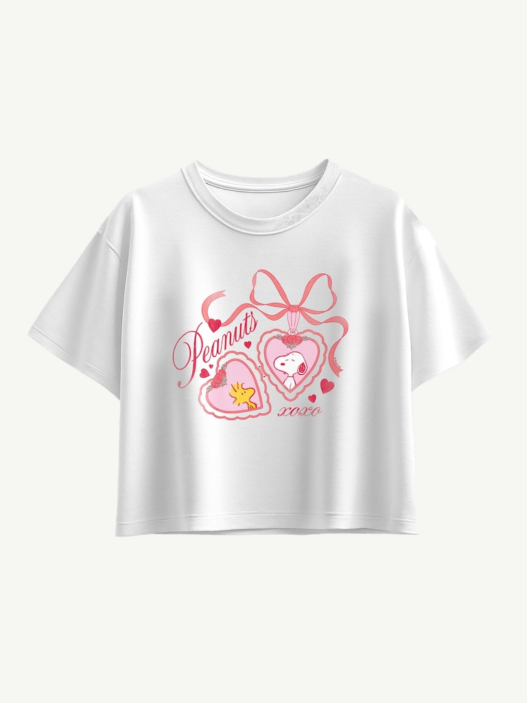 Peanuts Snoopy  Woodstock Heart Locket Short Sleeve Boxy Graphic T-Shirt For Girls
