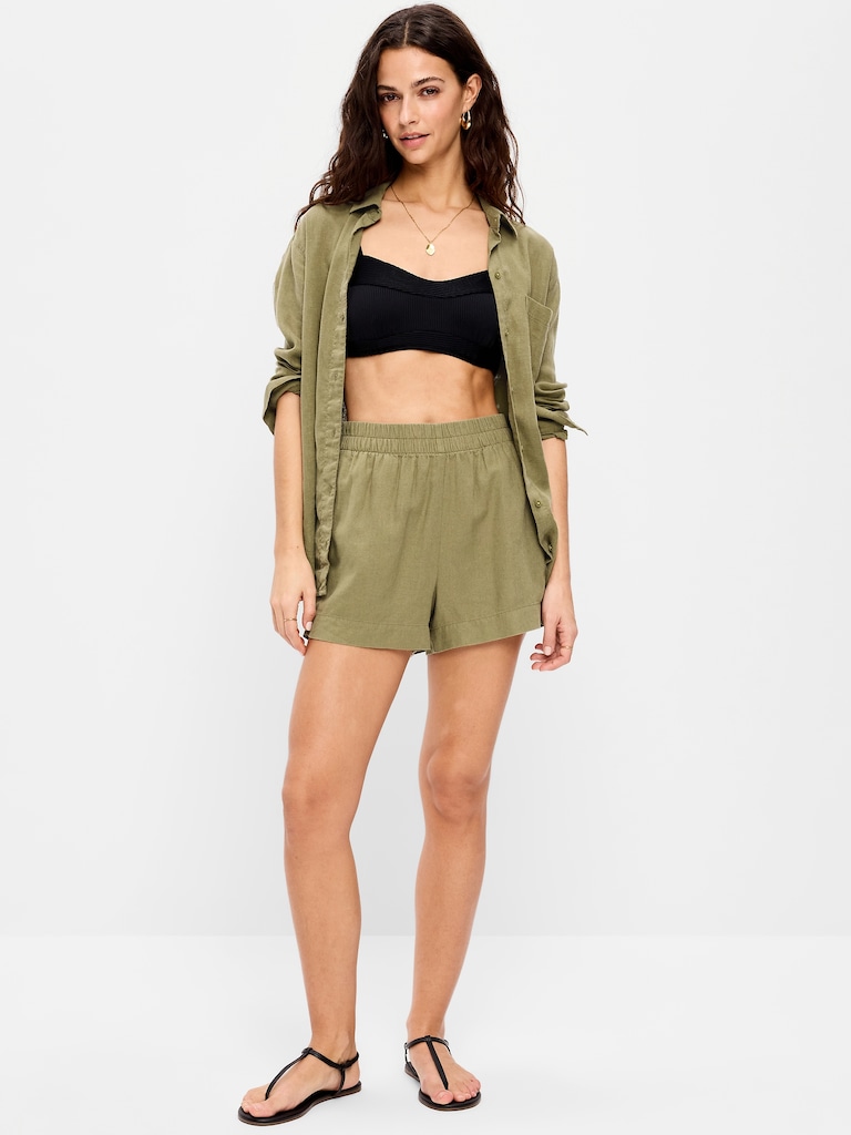 High-Waisted Beach Linen Pull-On Shorts