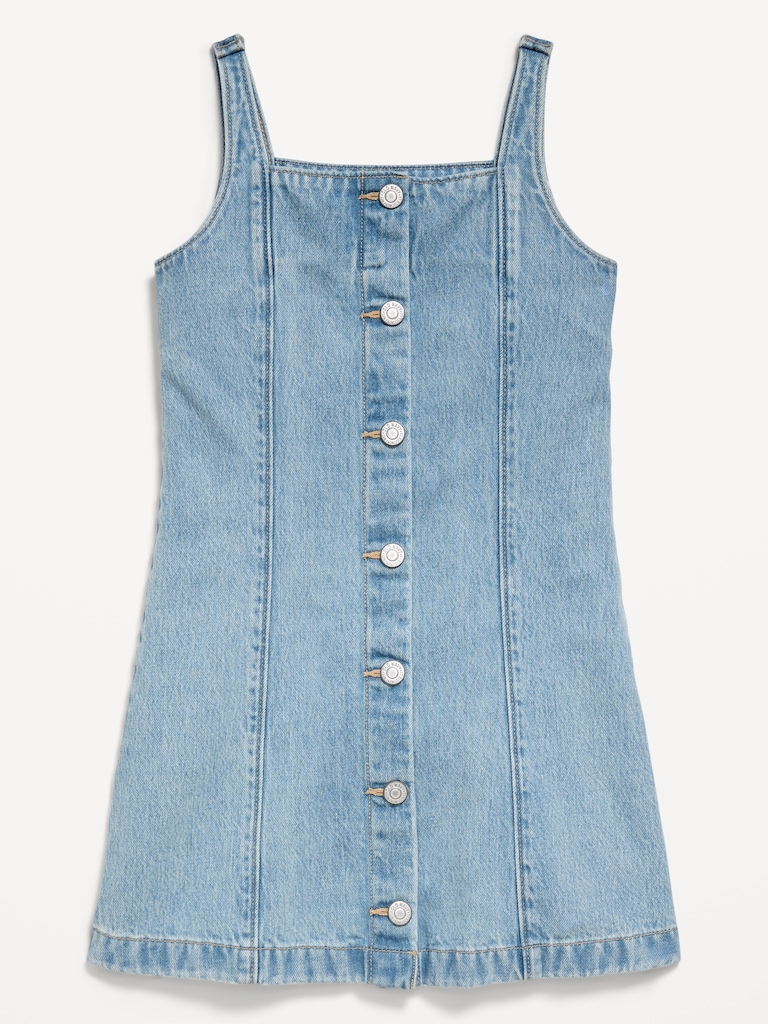 Sleeveless Fit and Flare Button-Front Jean Dress for Girls
