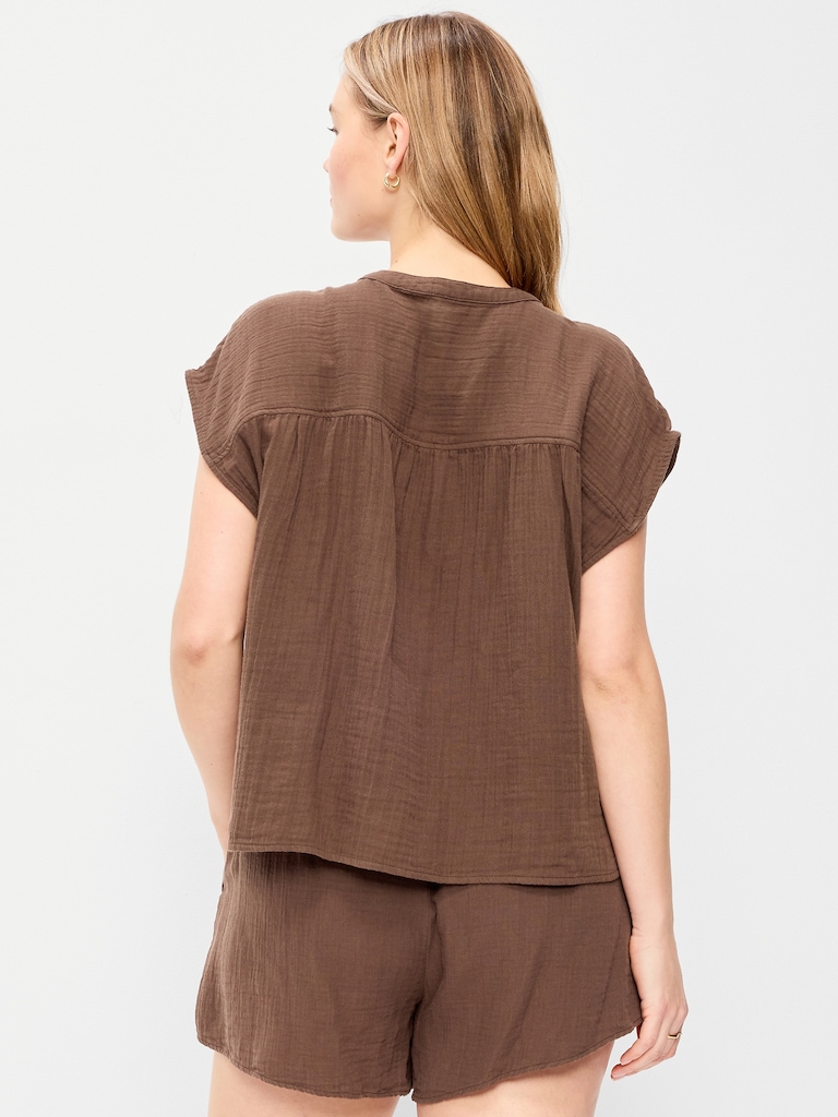 Short-Sleeve Crinkle Gauze Popover Top