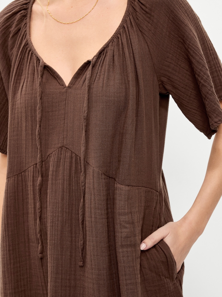 Crinkle Gauze Flutter-Sleeve Mini Swing Dress