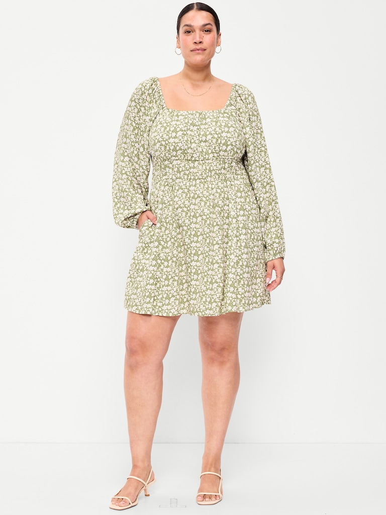 Long-Sleeve Square-Neck Mini Dress