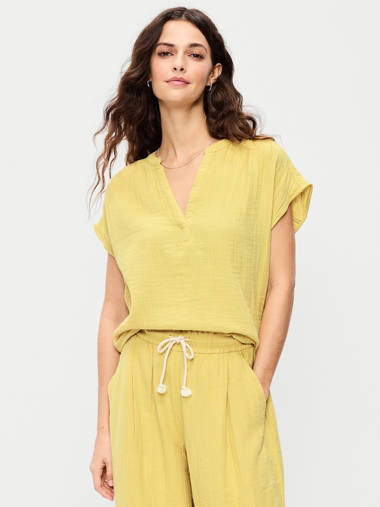 Short-Sleeve Crinkle Gauze Popover Top