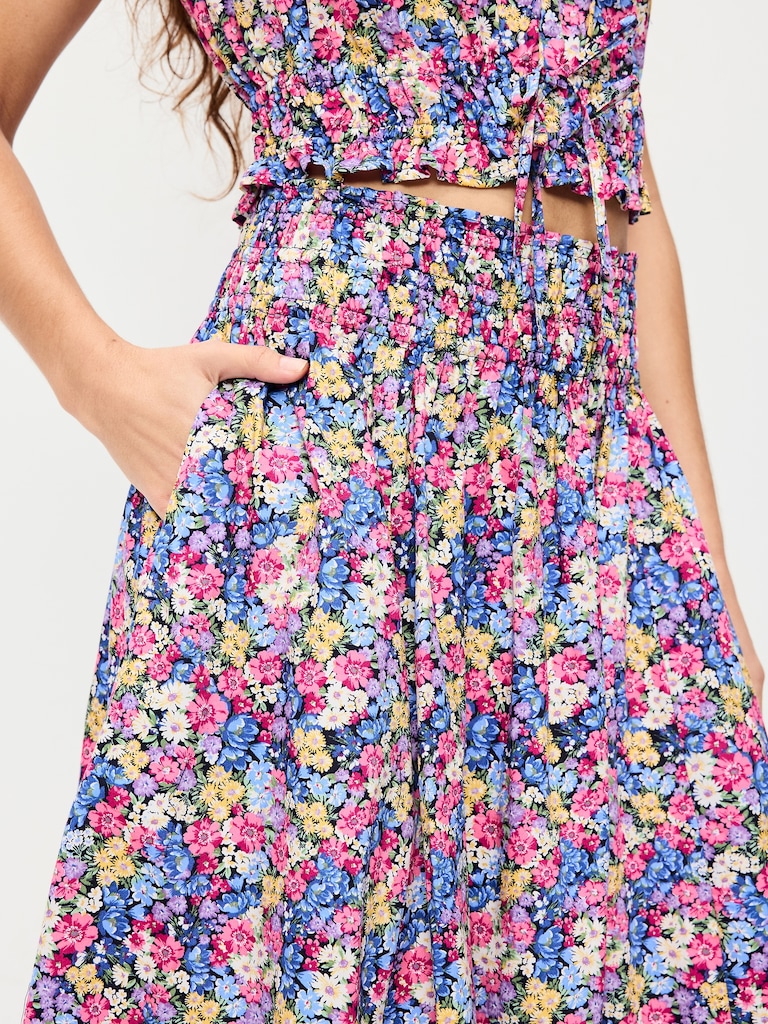 Smocked-Waist Midi Skirt