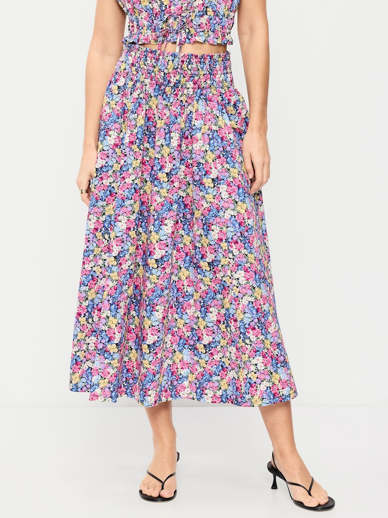 Smocked-Waist Midi Skirt