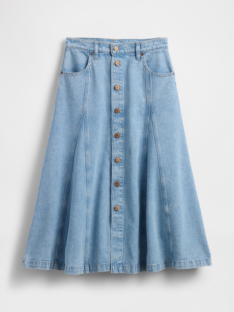 Denim Seamed Button-Front Maxi Skirt