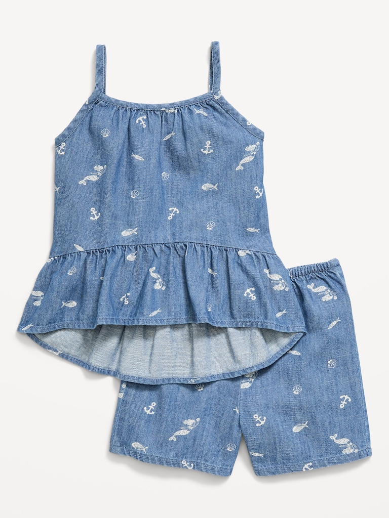 Printed Sleeveless Chambray Top and Shorts Set for Toddler Girls