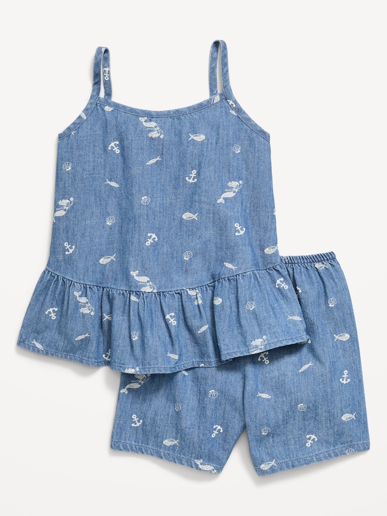 Printed Sleeveless Chambray Top and Shorts Set for Toddler Girls