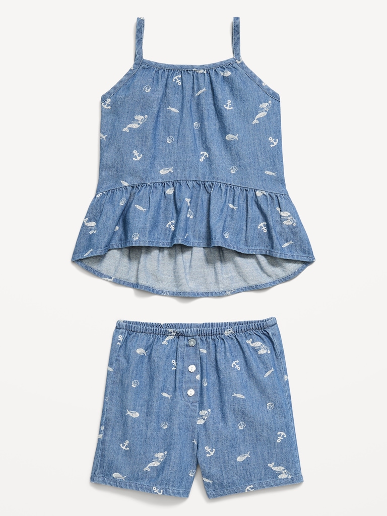 Printed Sleeveless Chambray Top and Shorts Set for Toddler Girls