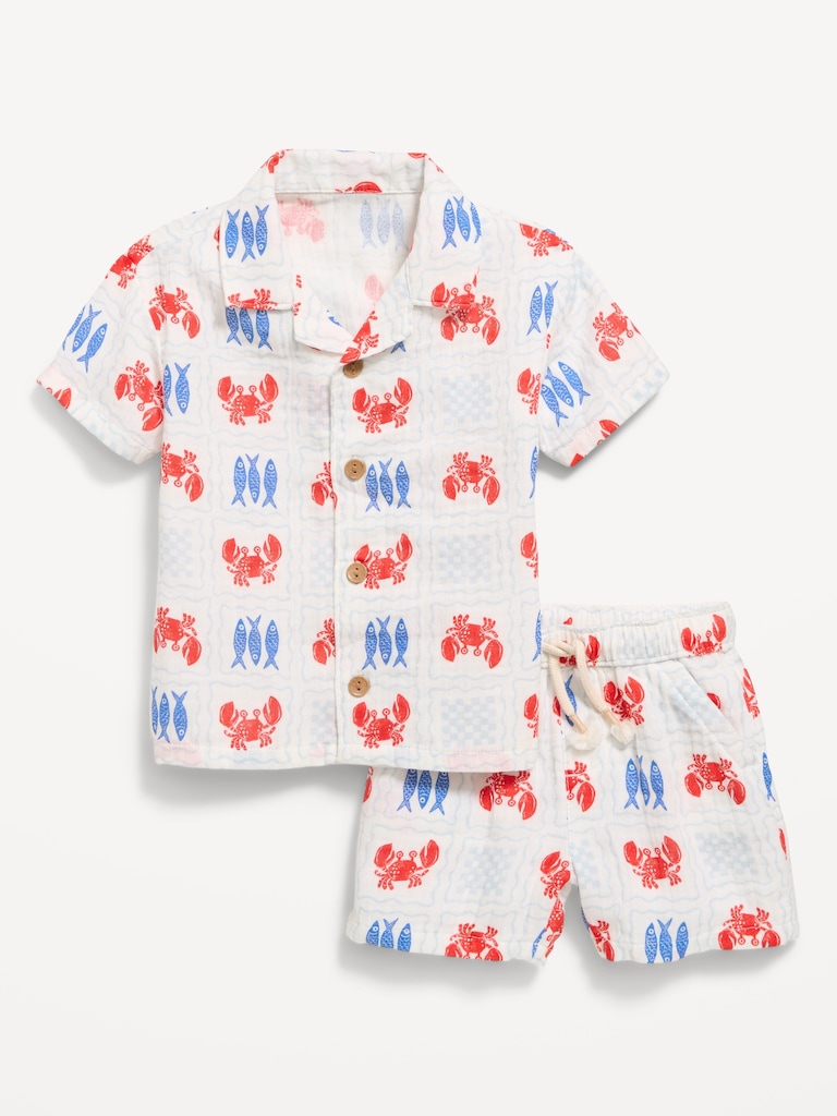 Printed Double-Weave Shirt and Shorts Set for Baby