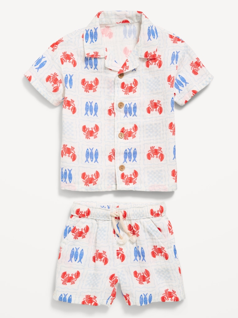 Printed Double-Weave Shirt and Shorts Set for Baby
