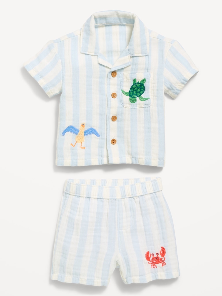 Printed Double-Weave Shirt and Shorts Set for Baby