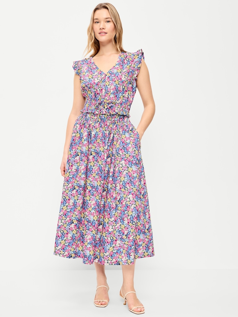 Smocked-Waist Midi Skirt