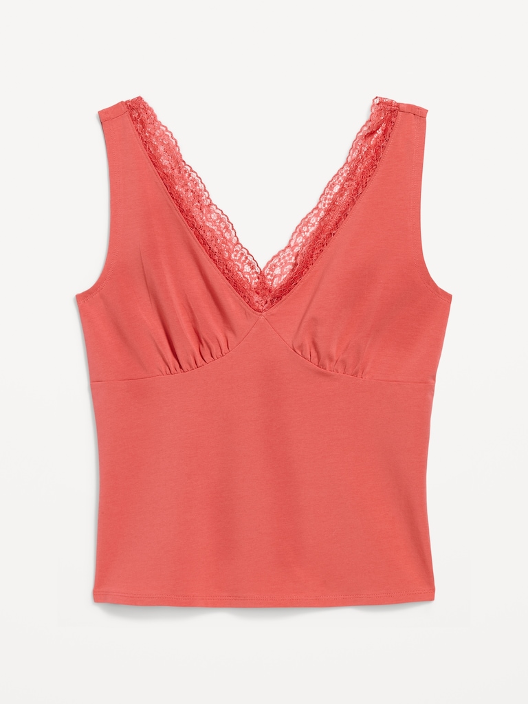 Sleeveless Lace-Trim V-Neck Ribbed Top