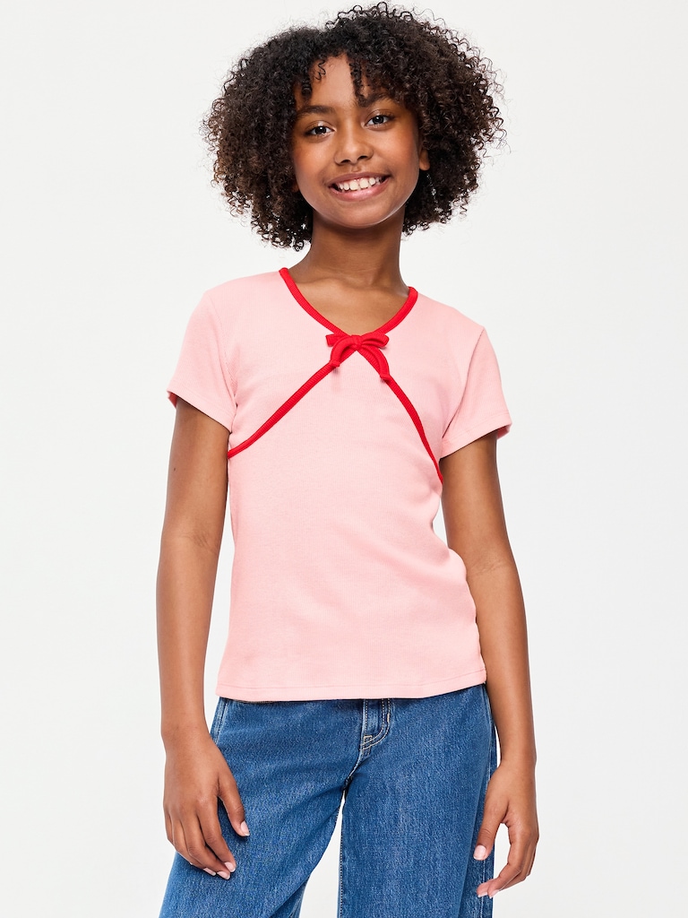 Fitted Short-Sleeve Ribbed Bow Top for Girls