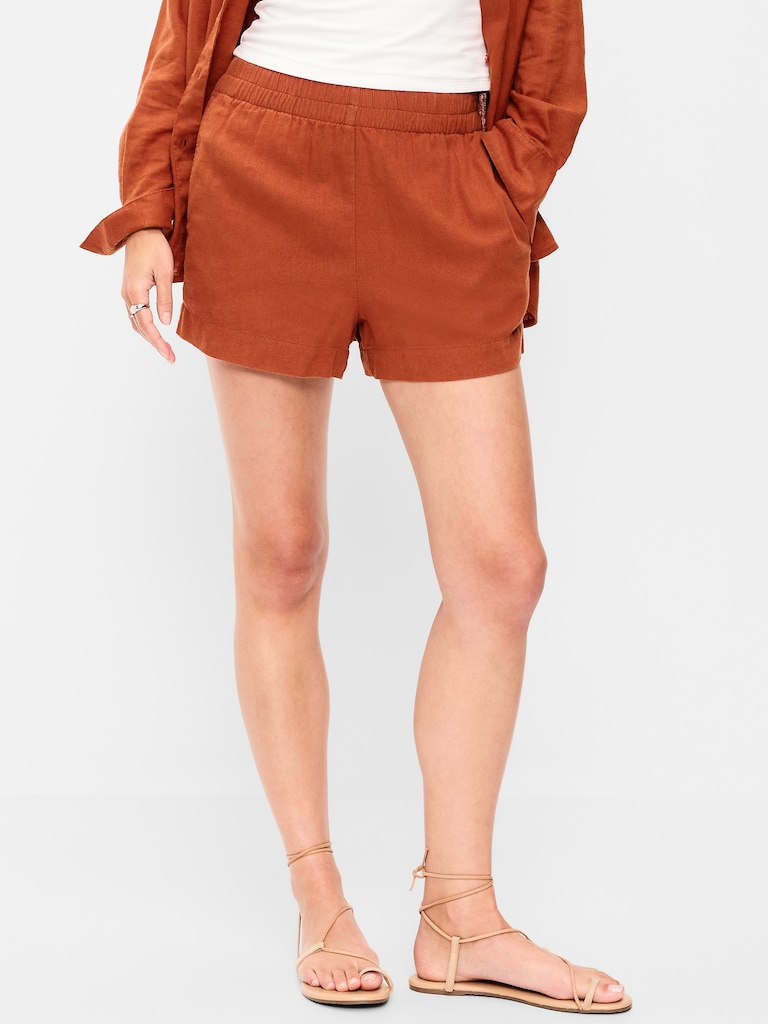 High-Waisted Beach Linen Pull-On Shorts