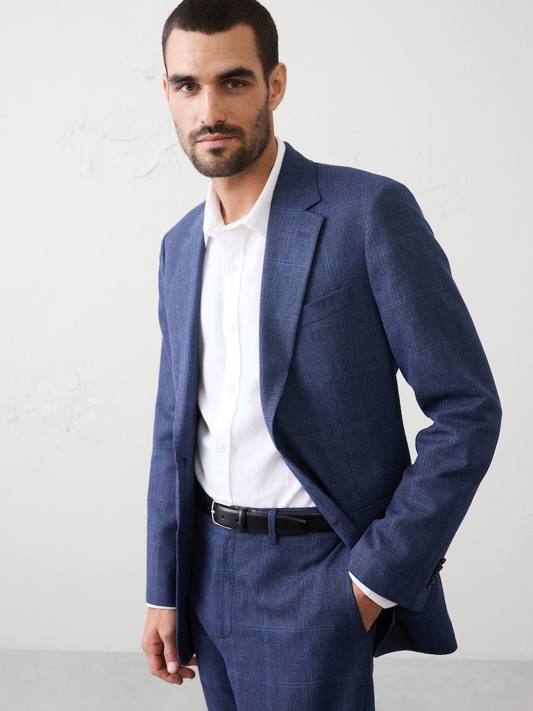 Tailored-Fit Linen-Blend Glen Plaid Suit Jacket