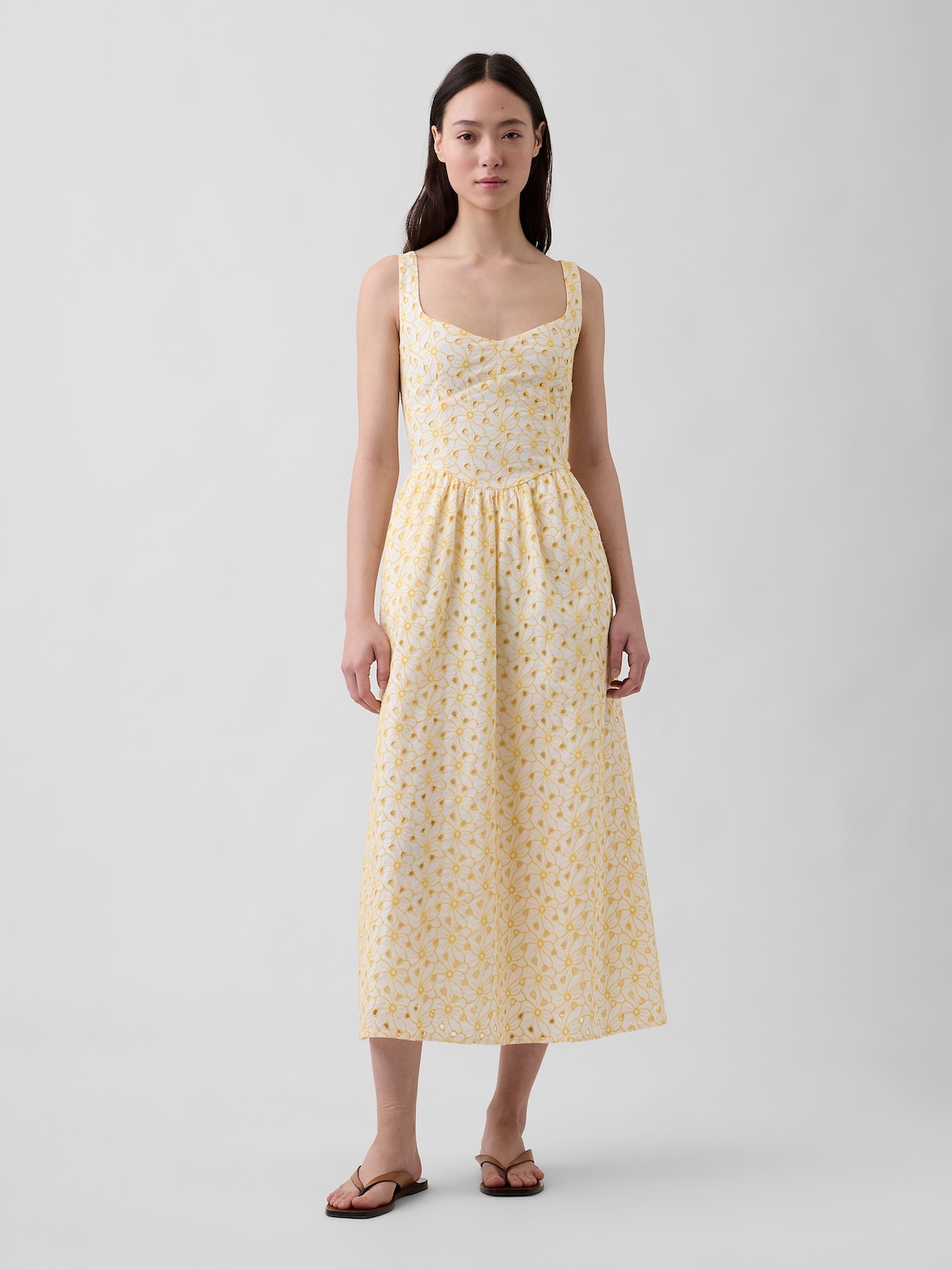 Eyelet Seamed Drop-Waist Maxi Dress