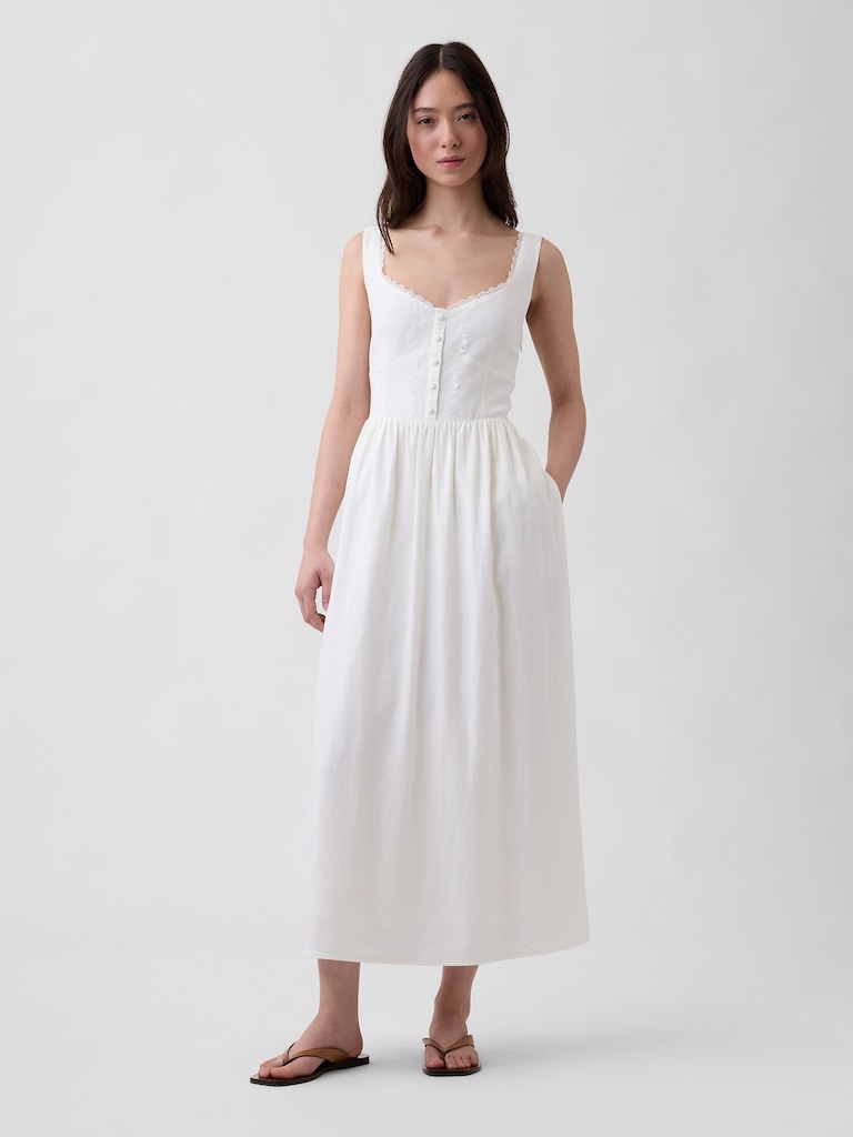 Linen-Blend Lace-Inset Maxi Dress