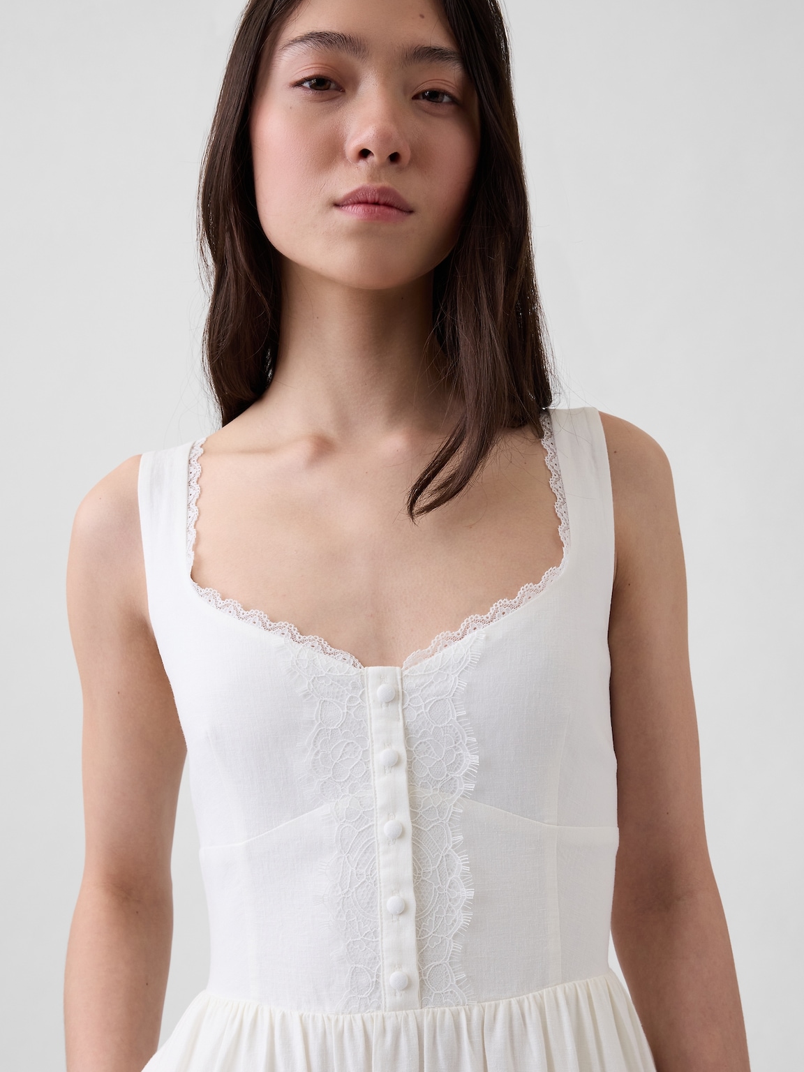 Linen-Blend Lace-Inset Maxi Dress