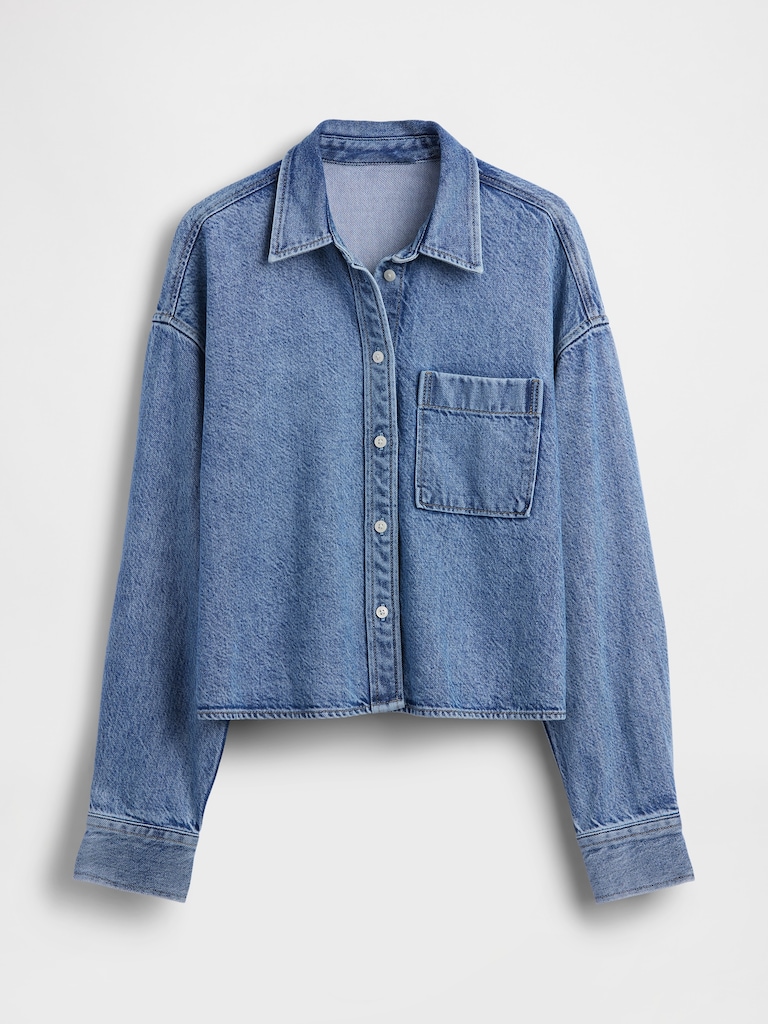 UltraSoft Denim Oversized Straight-Hem Crop Shirt
