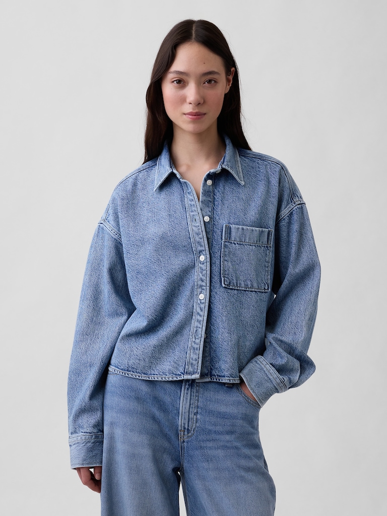 UltraSoft Denim Oversized Straight-Hem Crop Shirt