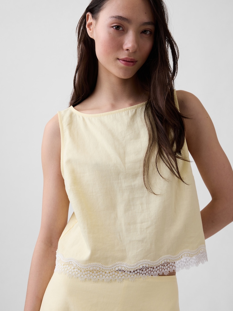 Linen-Blend Lace-Hem Crop Shell Top