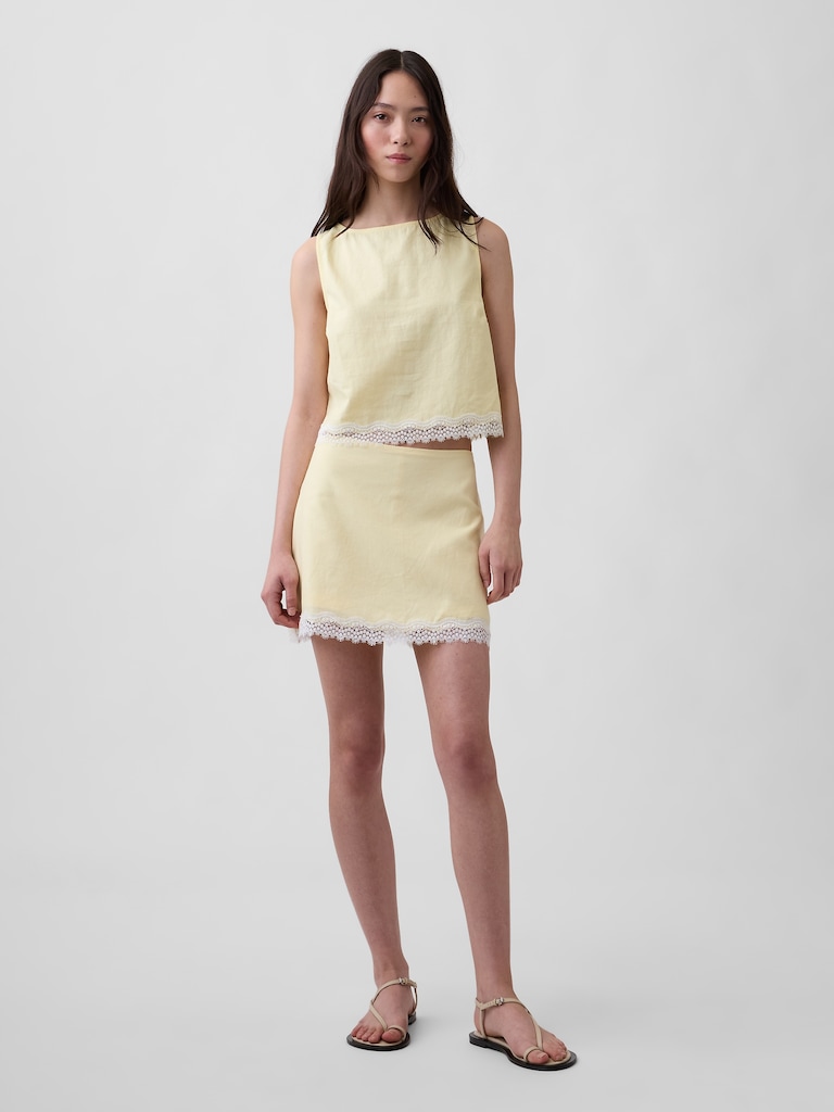 Linen-Blend Lace-Trim Mini Skort