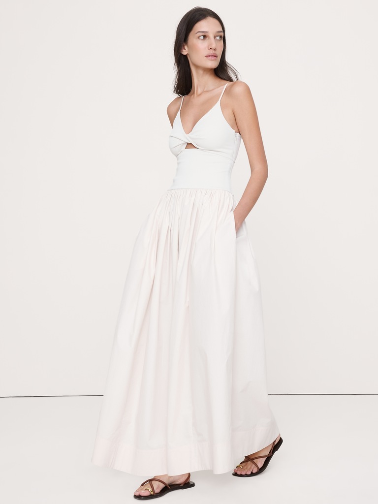 Jersey & Poplin Twist-Front Maxi Dress