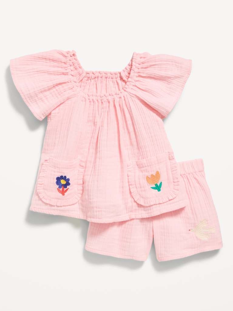 Short-Sleeve Double-Weave Top and Shorts Set for Toddler Girls