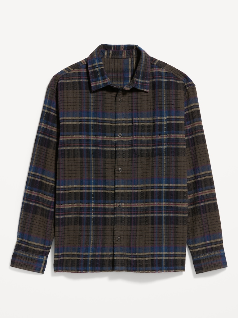 Loose Fit Textured Plaid Pocket Shirt