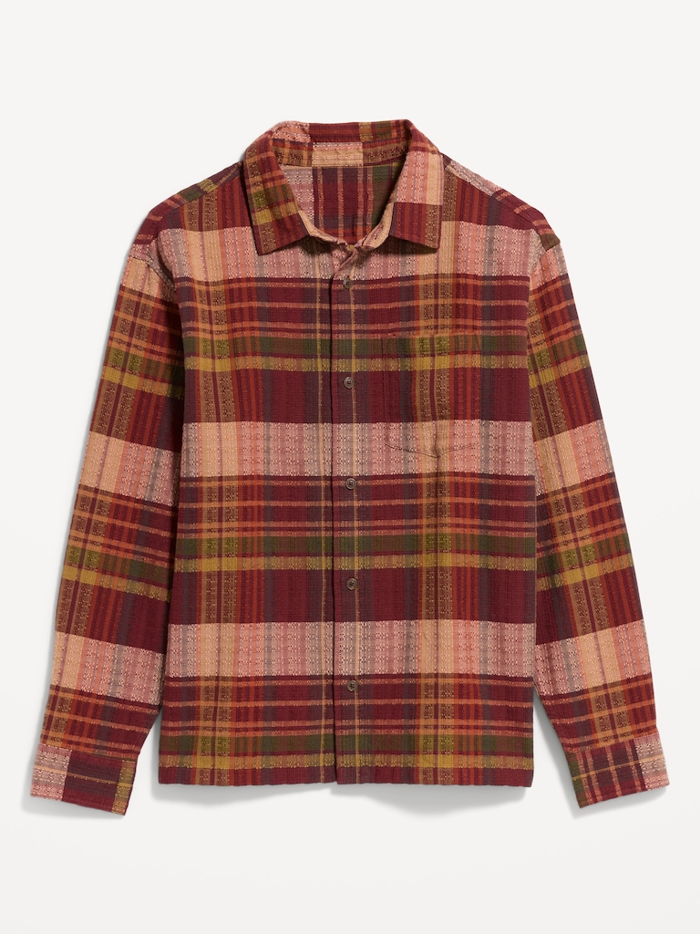 Loose Fit Textured Plaid Pocket Shirt