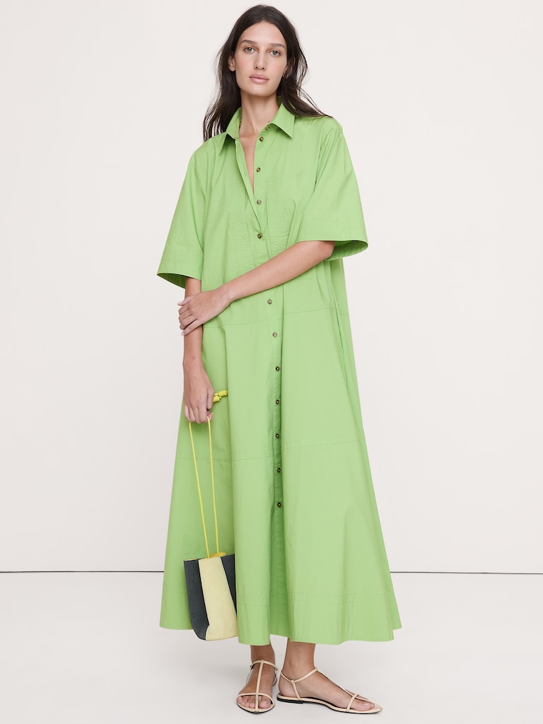Cotton Poplin Trapeze Maxi Shirt Dress