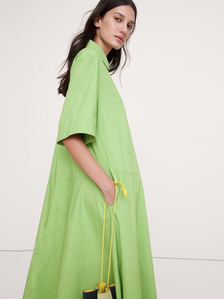 Cotton Poplin Trapeze Maxi Shirt Dress