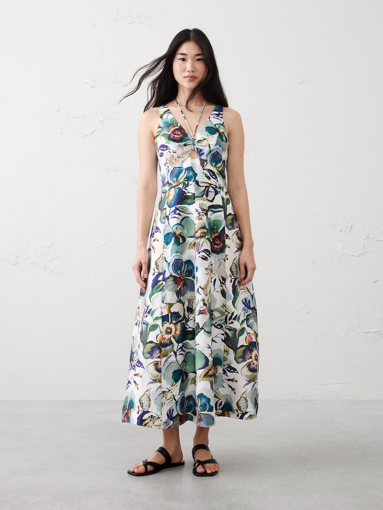 Linen-Blend Cutout Tie-Front Midi Dress
