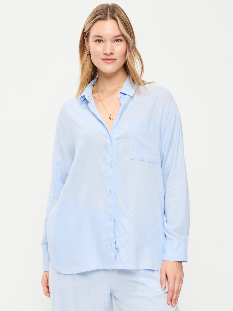 Linen-Blend Loose Button-Down Shirt