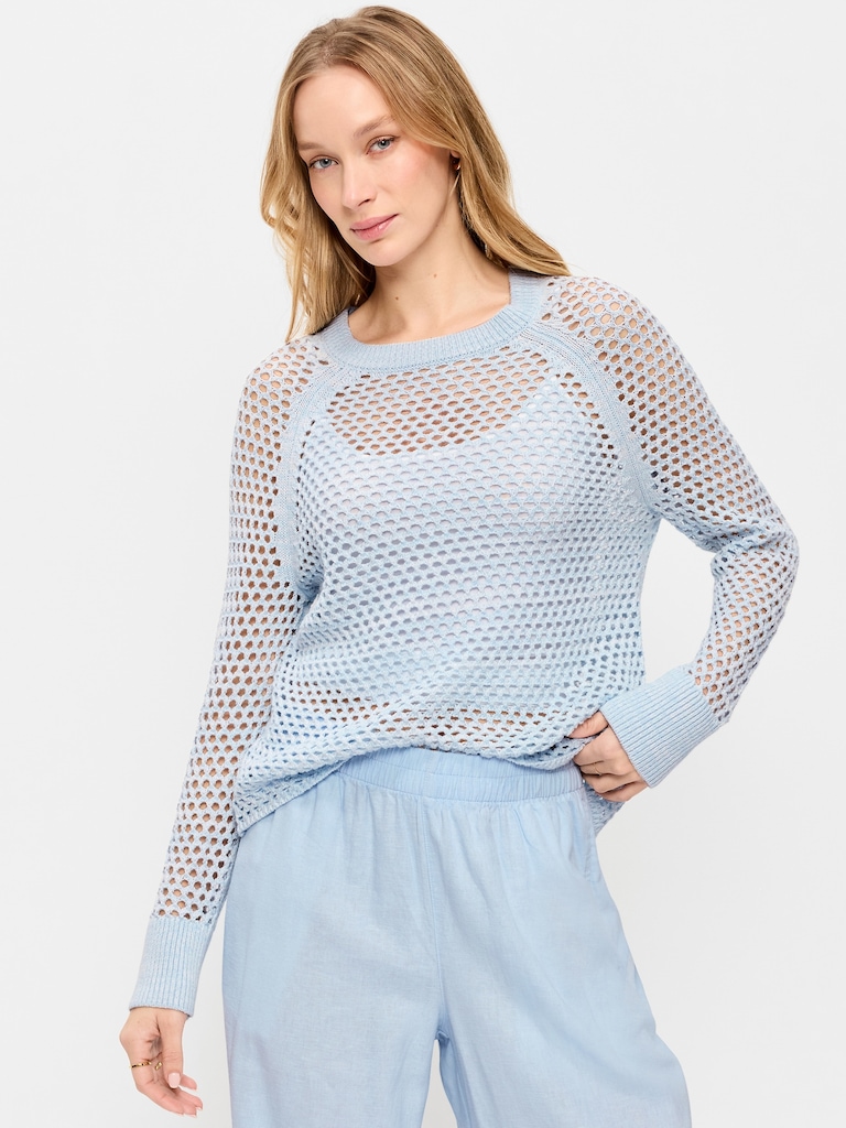 Seaside Cotton Open-Knit Raglan Sweater