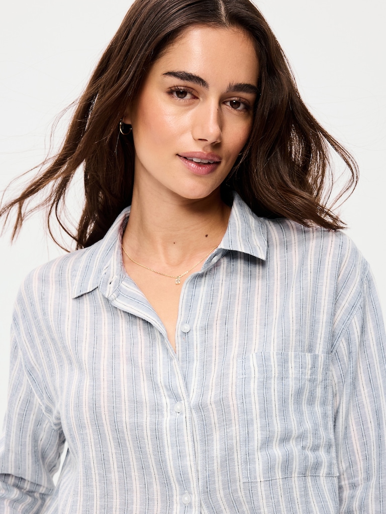 Linen-Blend Loose Button-Down Shirt