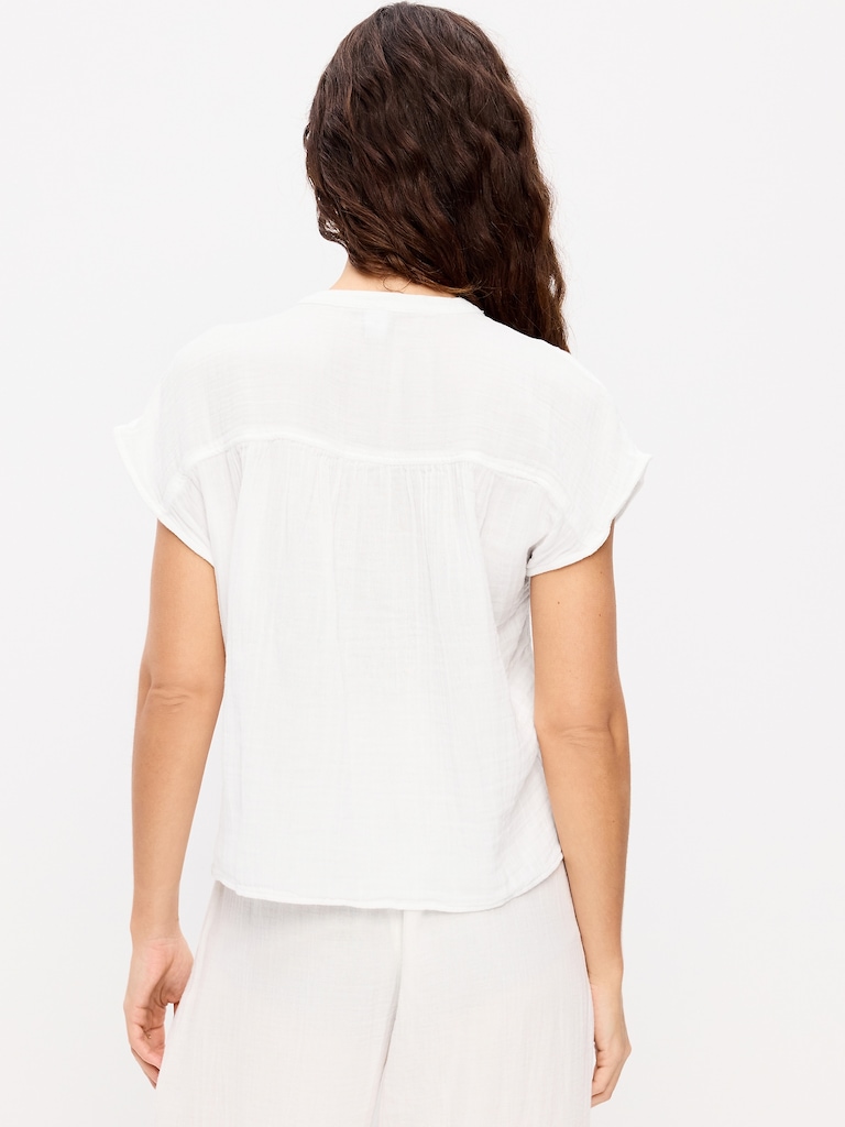 Short-Sleeve Crinkle Gauze Popover Top