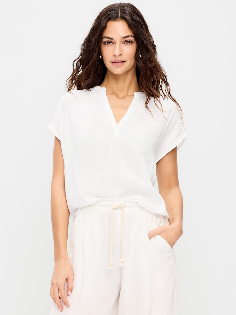 Short-Sleeve Crinkle Gauze Popover Top