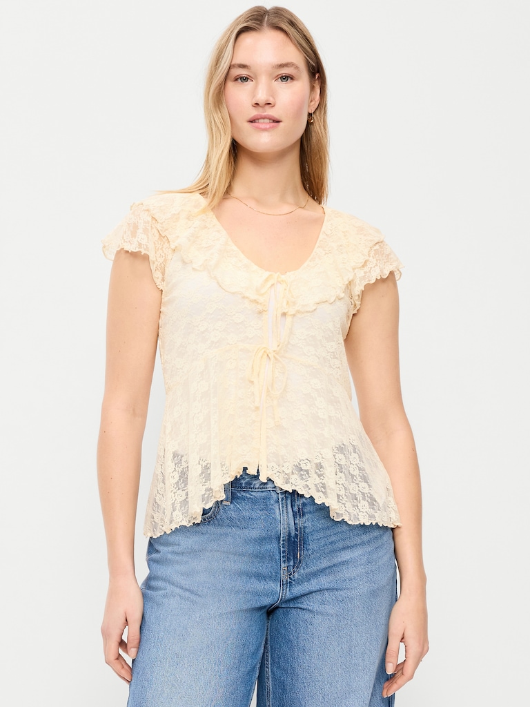 Open-Front Lace Ruffle Top