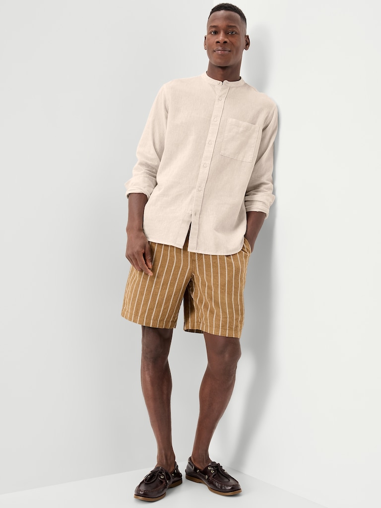 Classic Fit Banded Collar Linen-Blend Shirt