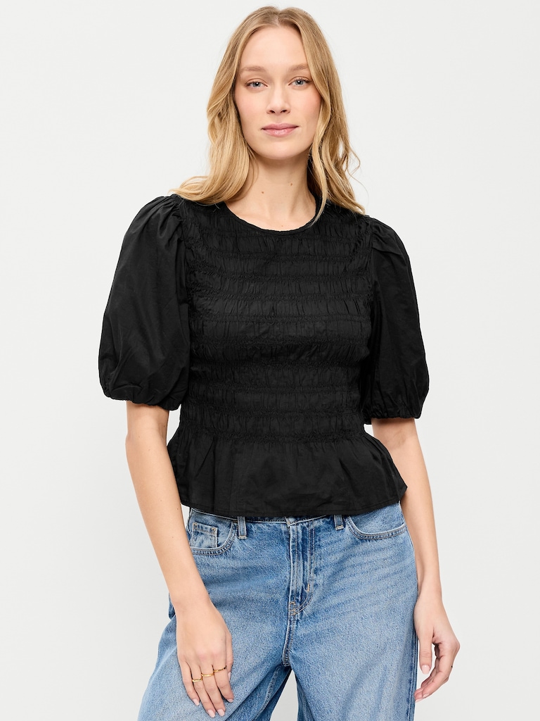 Puff Sleeve Peplum Smocked Top