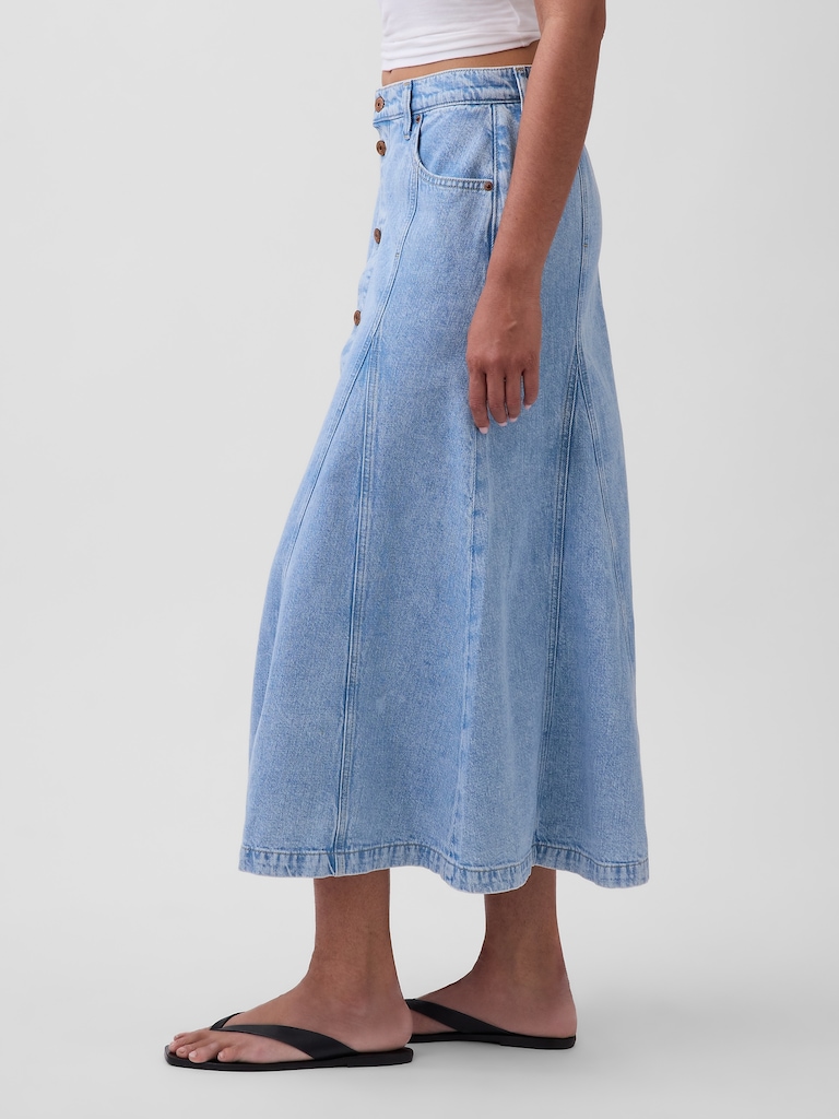 Denim Seamed Button-Front Maxi Skirt