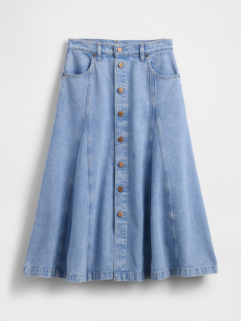 Denim Seamed Button-Front Maxi Skirt