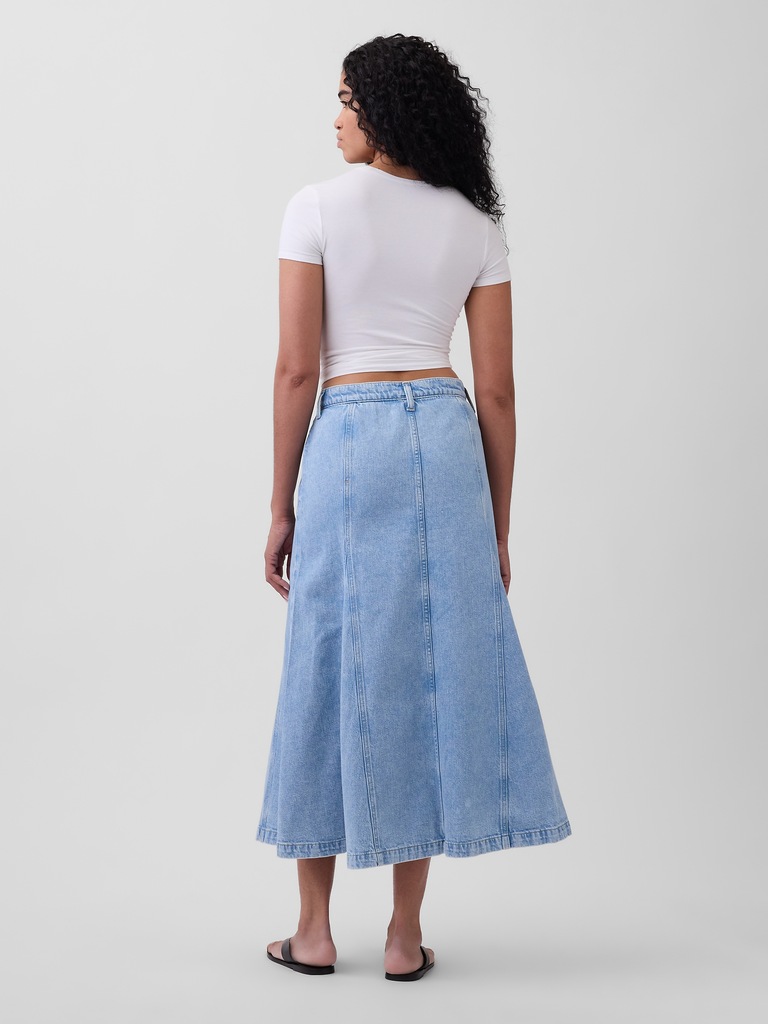 Denim Seamed Button-Front Maxi Skirt