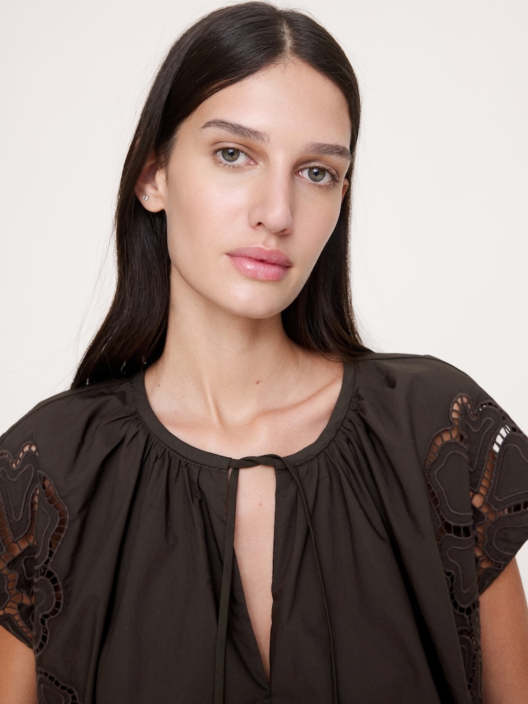 Embroidered Cotton Poplin Split-Neck Tunic