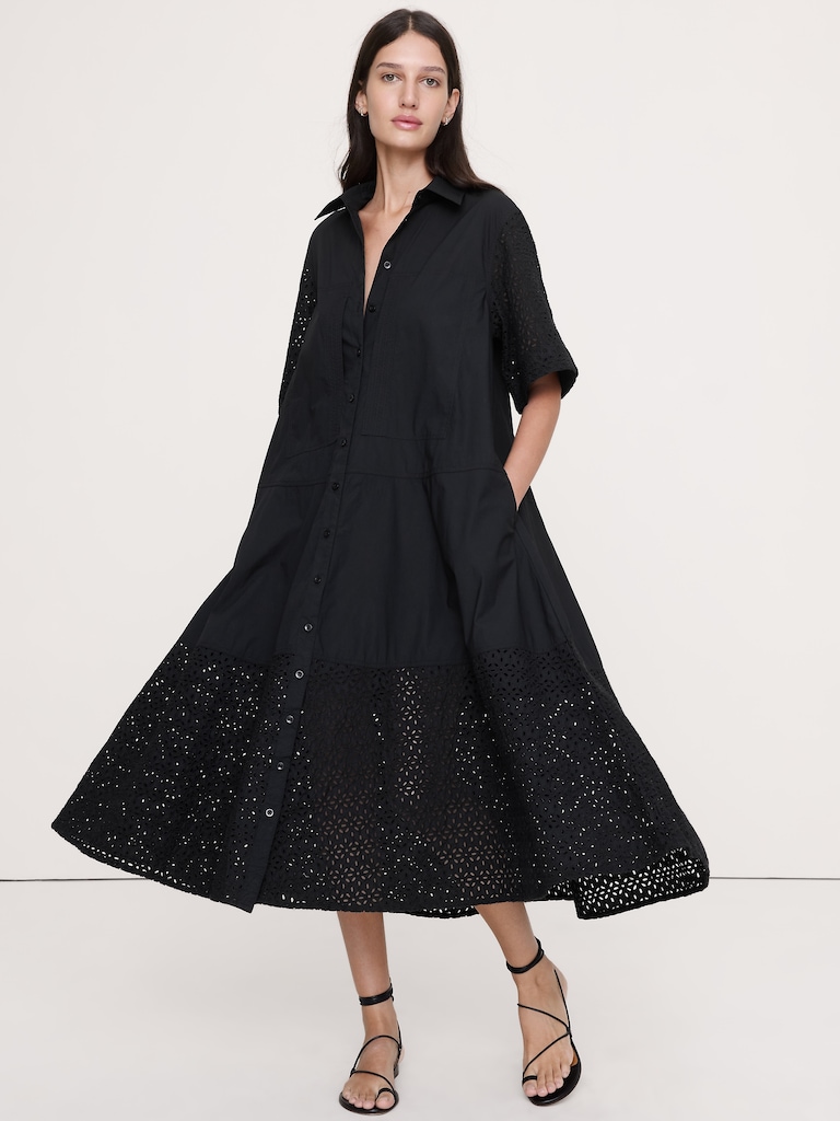 Eyelet Trapeze Maxi Shirt Dress