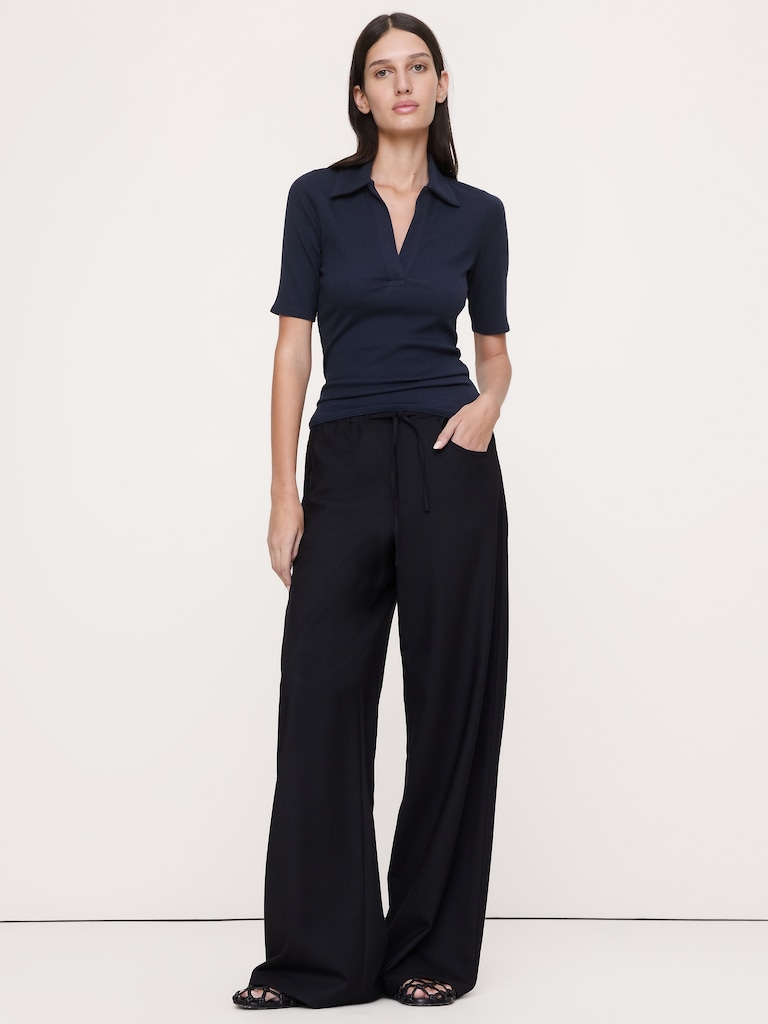 Ribbed Elbow-Sleeve Polo