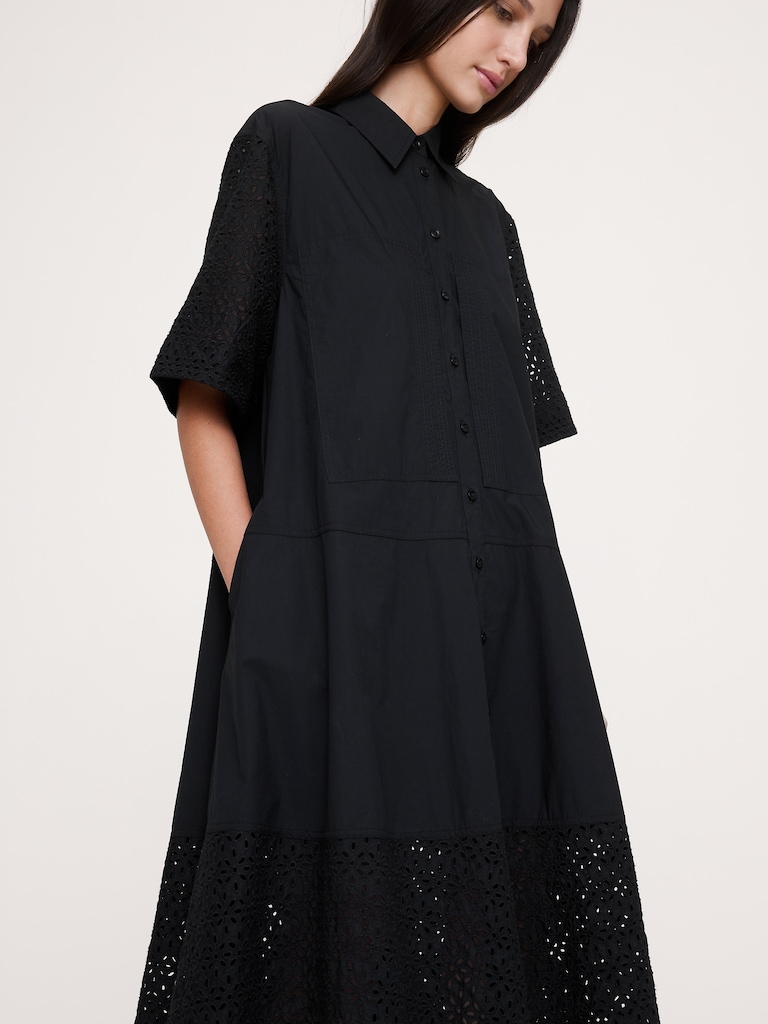 Eyelet Trapeze Maxi Shirt Dress